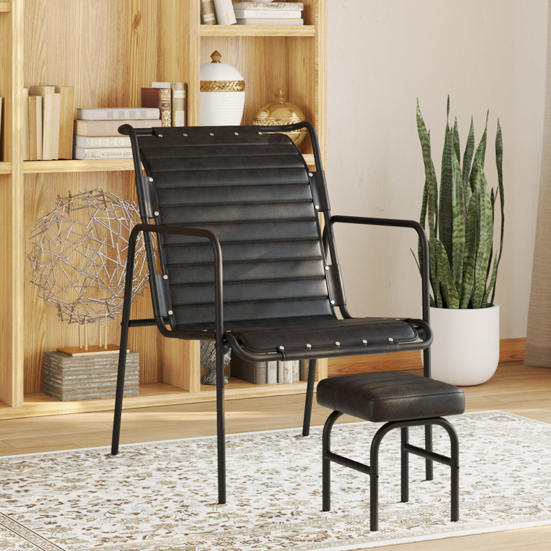 Fauteuil d'appoint avec repose-pieds pour le salon, Cuir véritable noir