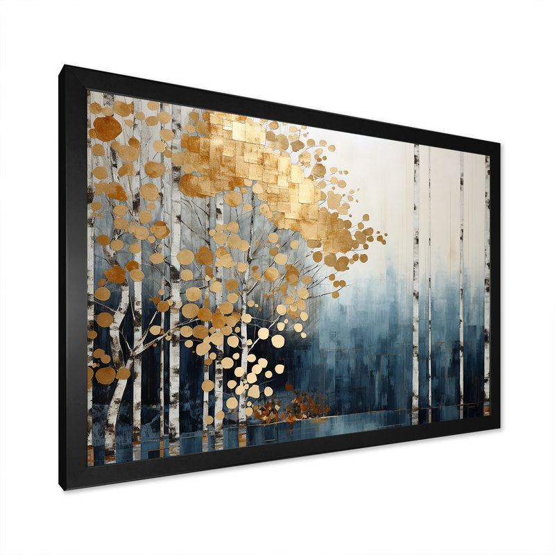 Minimalisme bleu et forêt dorée - art mural forêt, H 24 po x l 32 po x P 1 po, Cadre simple noir
