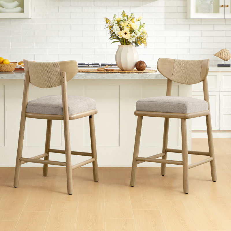 Upholstered Counter Stool with Handwoven Back, Khaki