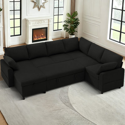 112" Sectional Sleeper Pull Out Sofa Bed With Storage Chaise, U-Shape Couch For Living Room, House