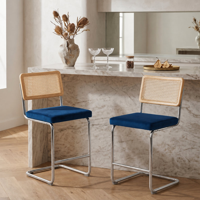 Mid-Century Modern Bar Stool, Set of 2, 26.2" Height Counter Stool, Natural Rattan Back with Thick Padded Seat & Metal Legs - Navy
