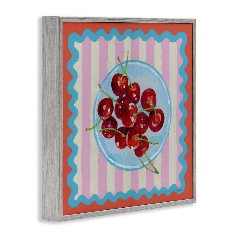 Giclée encadrée de cerises rouges sur rayures roses, design par Rachael Reese, 12 x 12, Giclée de ferme grise encadrée