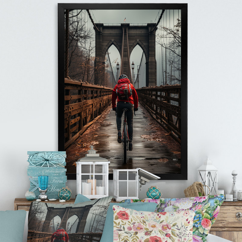 «Goulds Red Gray Brooklyn Bridge», reproduction sur toile, H 40 po x l 30 po x P 1,5 po, Cadre photo noir