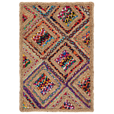 Adilynn Hand Woven Jute/Denim Geometric Rug in Red/Natural