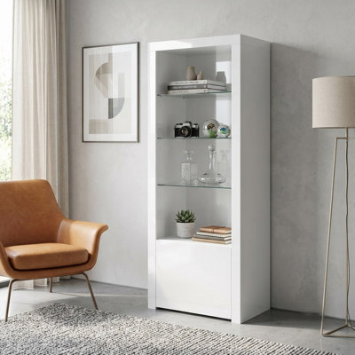 Runy Media Tower, Glass Shelves and Cabinet, High Gloss White 63 Inch