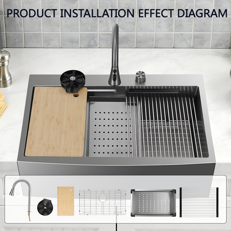 Frogink 33 inch Smart Waterfall Topmount Handmade 18 Gauge Single Bowl Multifunction Workstation Stainless Steel Kitchen Sink with 7 Accessories,33"L x 21"W x 10"D(Black)