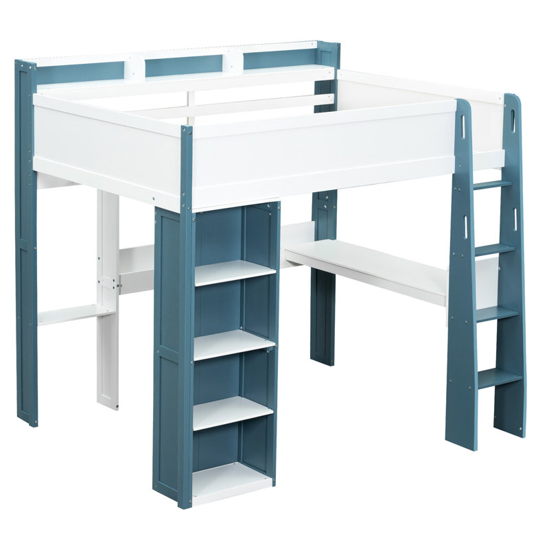Lit mezzanine double en bois blanc et bleu avec rangement et espace de travail - apparence élégante, fonction pratique, instructions d'installation simples, tablettes de bureau encastrées, esthétique moderne, espace généreux, assemblage
