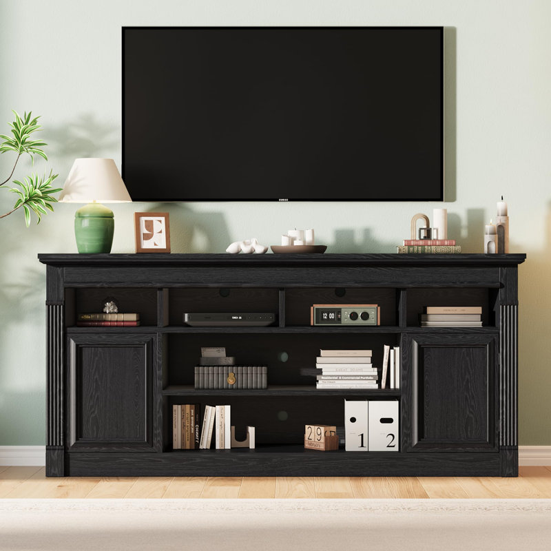 58" Farmhouse TV Stand for TVs up to 65", Entertainment Center with Adjustable Open Shelves & Storage Cabinets, Black