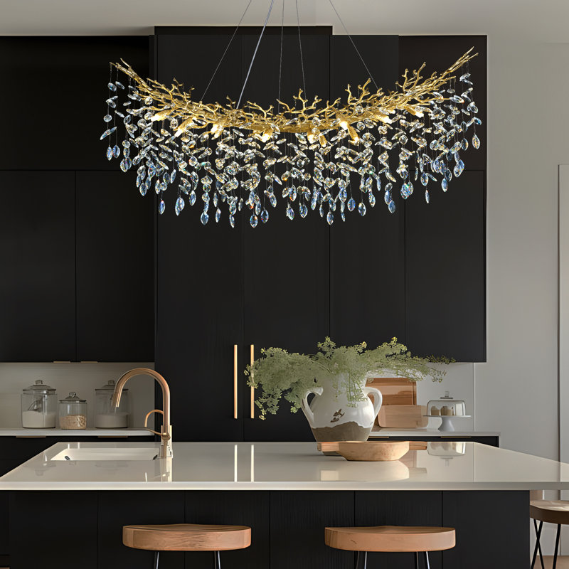 Abe 16-Light 55" Dimmable Tree Branches Crystal Linear Chandelier, Gold