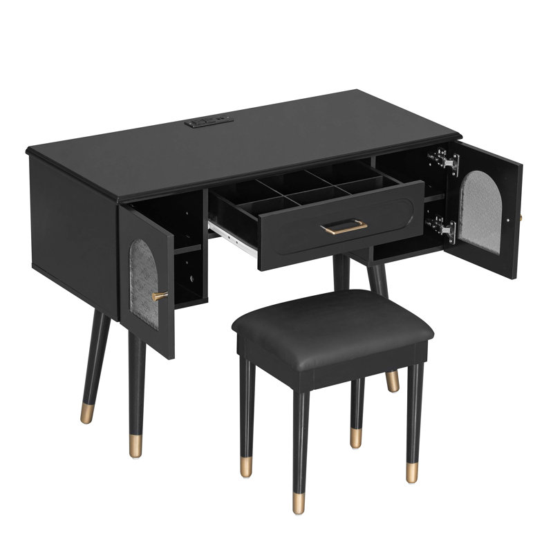 Ensemble de coiffeuse et coiffeuse élégant avec organisateur, port de charge et double fonction de bureau d'écriture., Noir