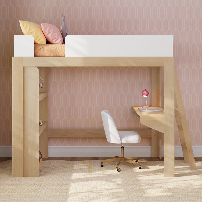 Lit mezzanine simple Mid-Century avec bureau et bibliothèque, blond / blanc, Blond / blanc