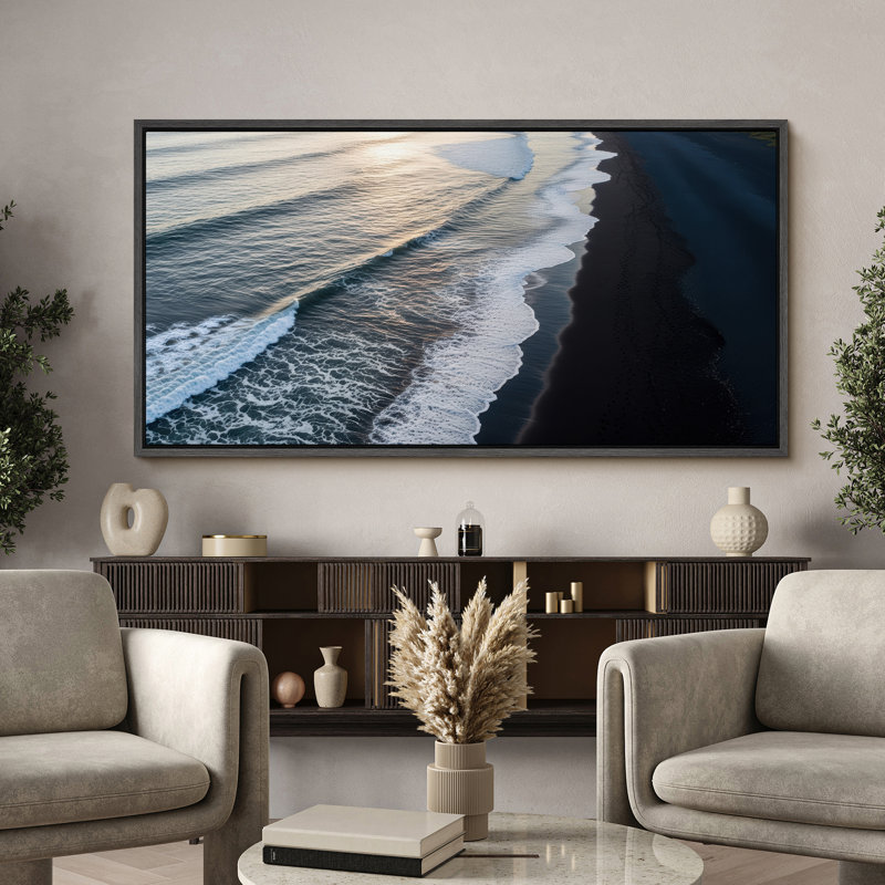 "Ocean Waves at Sunset", art mural sur toile - Photographie côtière sereine pour maison de plage ou espaces relaxants, Noir