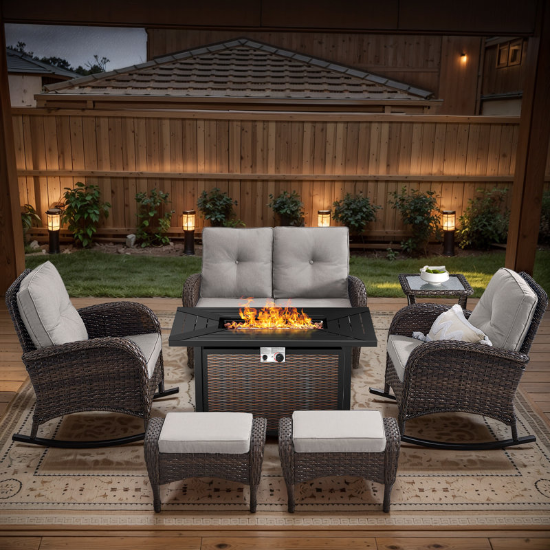 Aluel 7-Pieces Outdoor Wicker Patio Seating Set with Gliding Loveseat and Rectangular Fire Pit Table, Beige