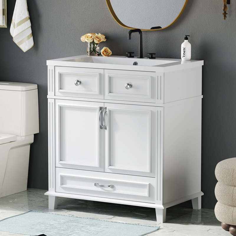 Ensemble de meuble-lavabo simple 29,37 po avec plateau en résine Takhia, Blanc