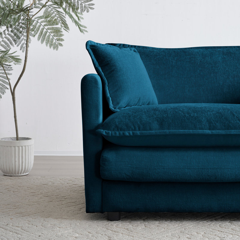 Canapé modulaire 6 places avec 3 repose-pieds et coussins décoratifs en chenille bleue