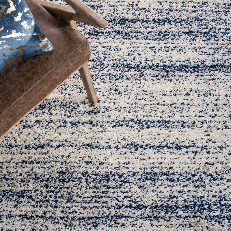 Ivory and Navy Square Shag Area Rug, 7' x 7'