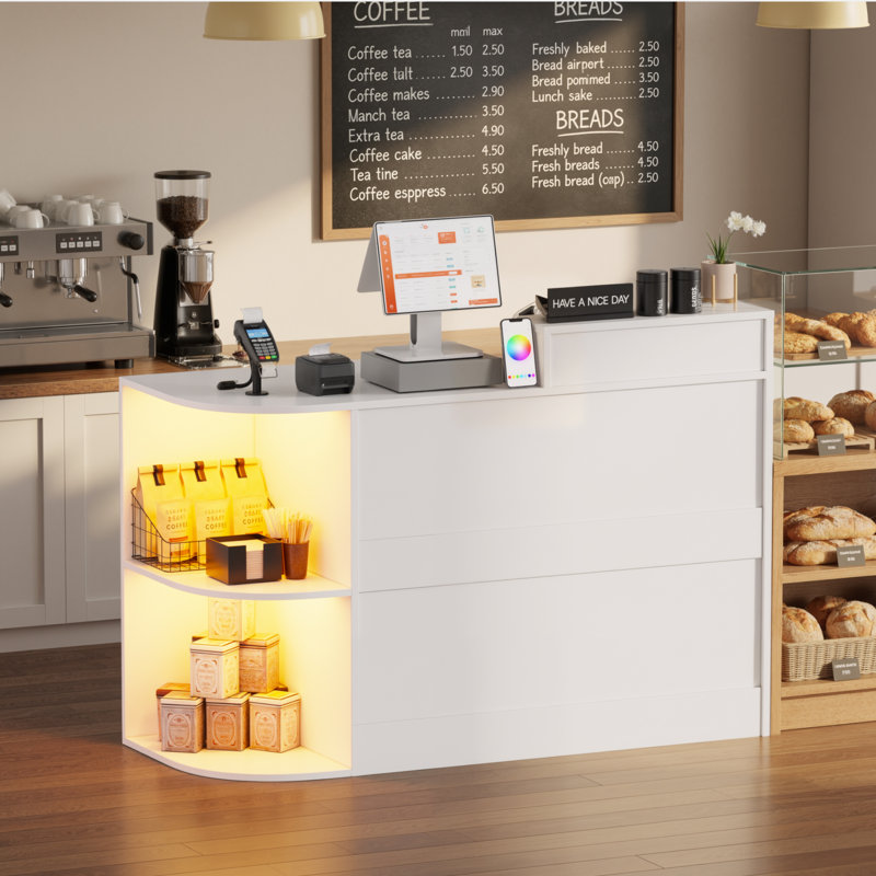 Bureau de réception avec rangement ouvert et lumières à DEL, comptoir avant moderne l 47,2 po avec support d'affichage double couche, tiroirs verrouillables, plateau à clavier pour salon de beauté, magasin de détail, bar