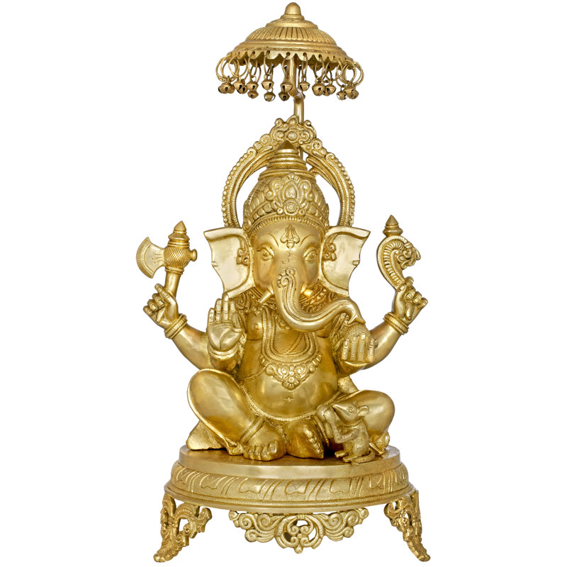 Figurine Ganesha assise sur un chowki royal avec parasol