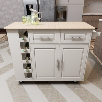 White Multifunctional Kitchen Island Cart With 2-door Cabinet And Two Drawers, Spice Rack, Towel Rack, Wine Rack And Foldable Rubberwood Tabletop by Winston Porter
