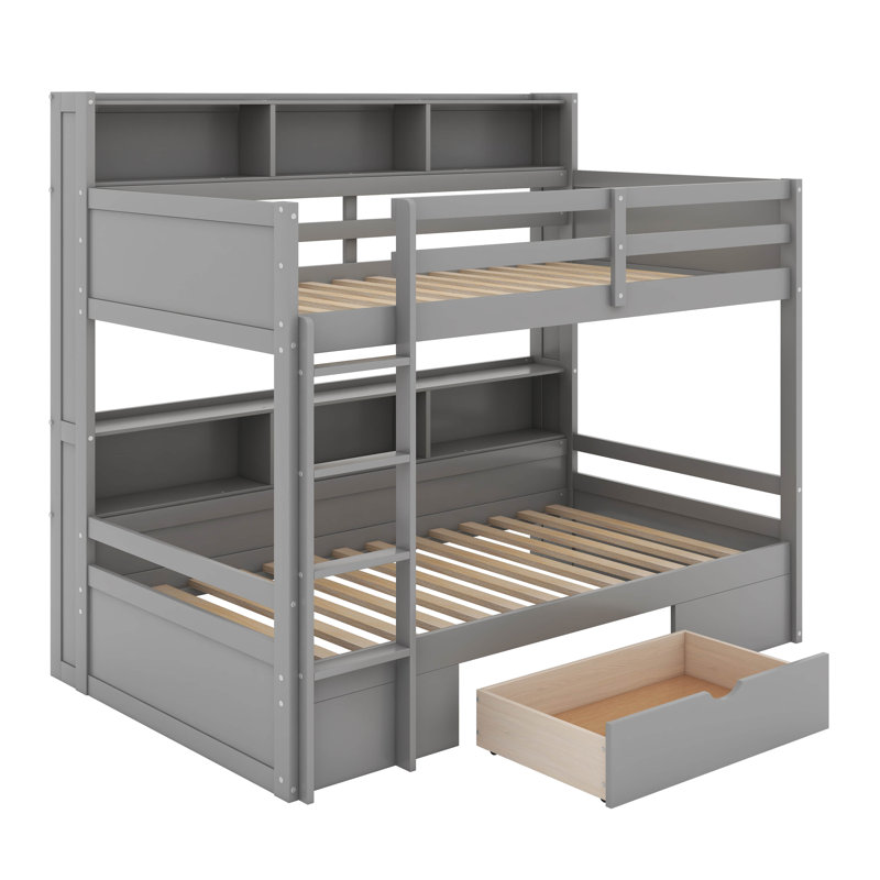 Bunk Bed With Built-In Shelves Beside Both Upper And Down Bed And Storage Drawer, Gray