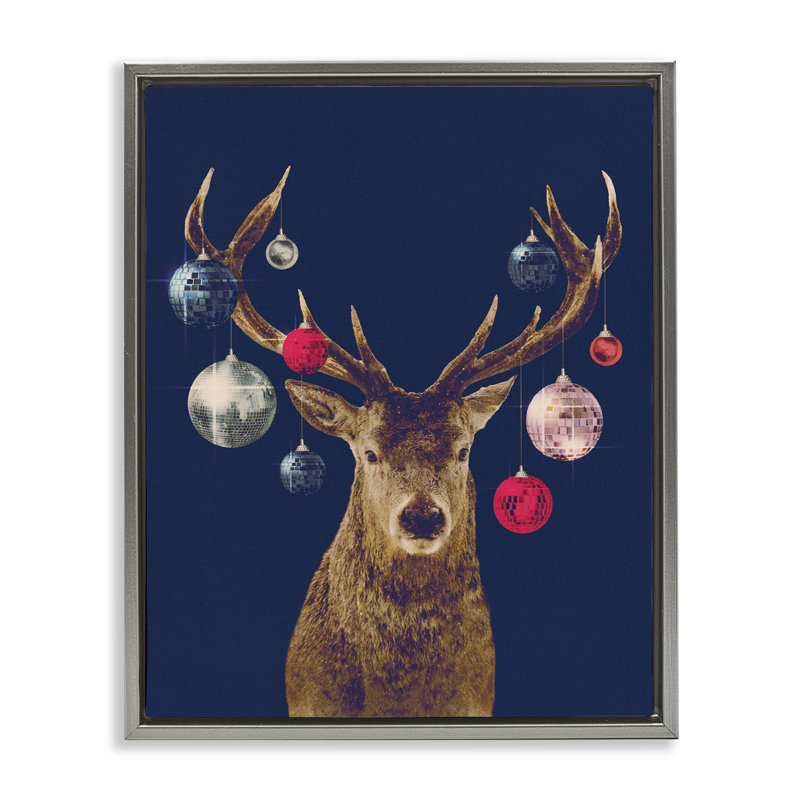 Art mural encadré "Deer & Shining Ornaments" par Victoria Barnes, Cadre flottant gris lustré, H 21 po x l 17 po