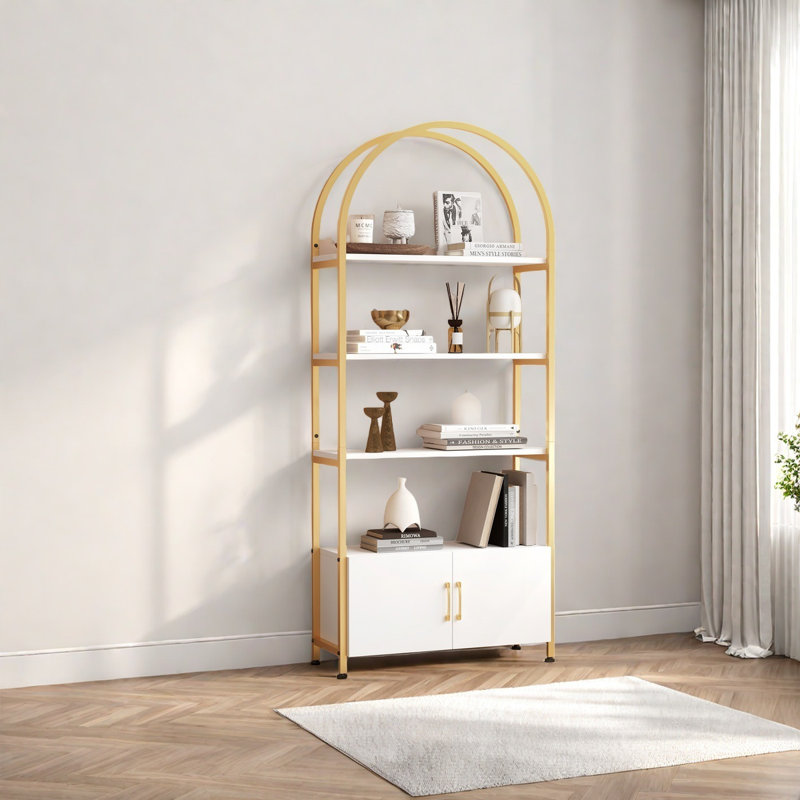 Bookshelf With Door, Tall Bookcase With Storage Cabinet Shelf, Gold/White