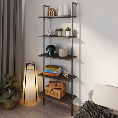 Honoria Classic Industrial 5-Shelf Wood Wall-Mounted Open Ladder Bookcase with Metal Frame
