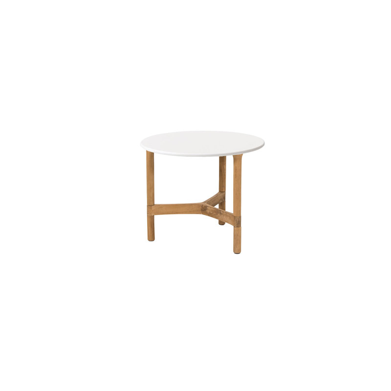 Twist Outdoor Round Teak Coffee Table, Ceramic Travertine, 17.8"