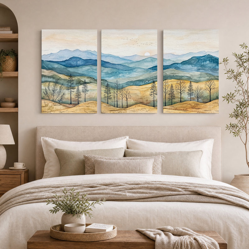 Ensemble de 3 toiles murales représentant des montagnes bleues superposées et des collines dorées, 30"H x 20"W x 3pcs