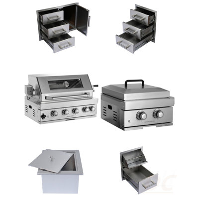 Built-In Outdoor Kitchen 32 Inch LPG Gas Grill 60000 BTU Stainless Steel Four Burners Grill With Infrared Rear Bunrer And Door And Drawer Combo And Drop In Stainless Steel ICE BOX With BBQ Tool Set