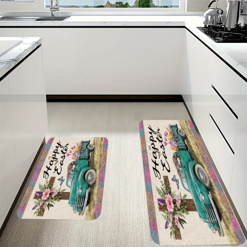 Tapis de cuisine antidérapant 2 pièces, Camion bleu sarcelle, œufs de Pâques