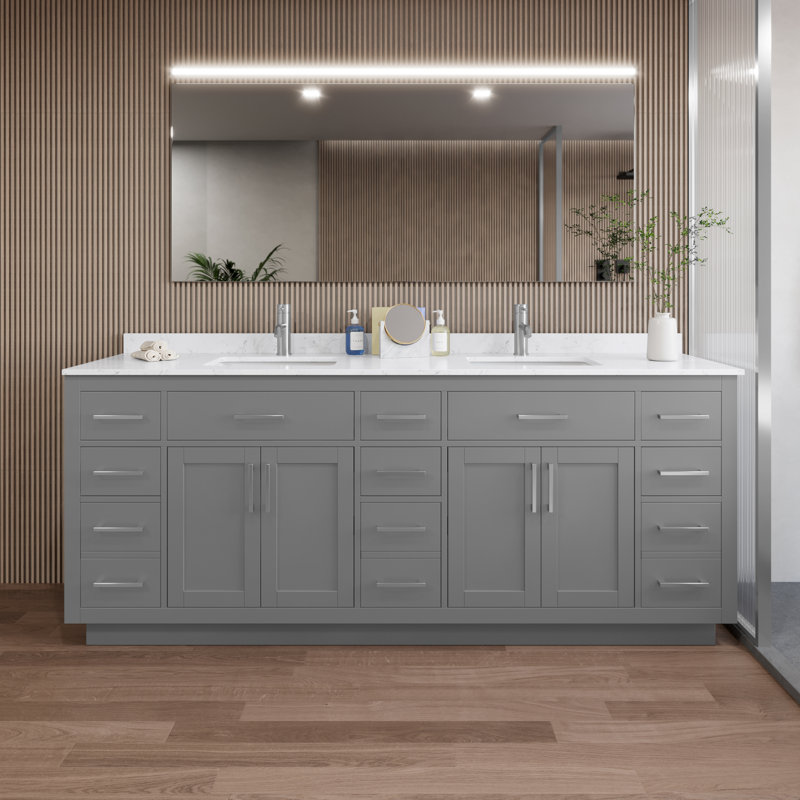 Beckett TK 84'' W Double Vanity, Dark Gray, Carrara Cultured Marble, Brushed Nickel