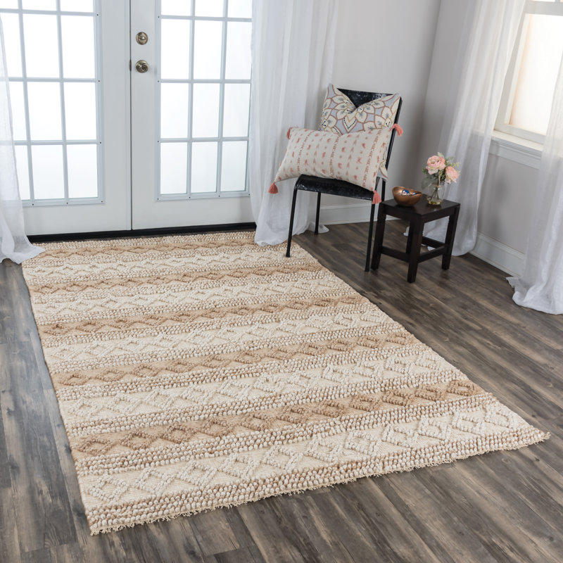 Tapis d'intérieur rayé beige fait à la main Armulfo, Rectangle de 7 pi 6 po x 9 pi 6 po