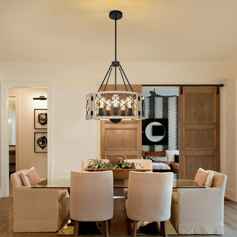 Lustre tambour de ferme avec hauteur réglable, luminaire suspendu rustique à 5 lumières pour la salle à manger, l'îlot de cuisine, le vestibule et le salon
