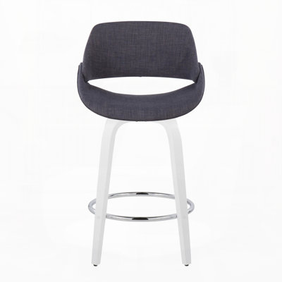 Tabouret de bar pivotant à hauteur fixe en bois blanc et tissu anthracite avec repose-pieds ronds chromés, lot de 2