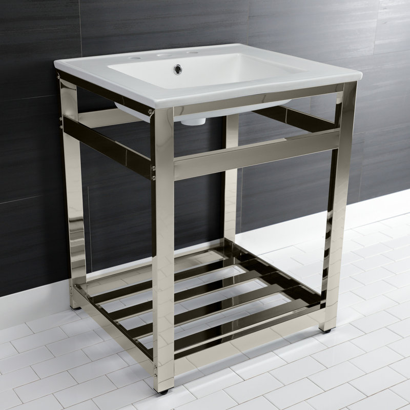 Kingston Brass Quadras 25-Inch Ceramic Console Sink with Stainless Steel Base and Shelf, White/Polished Nickel, 8" Centers