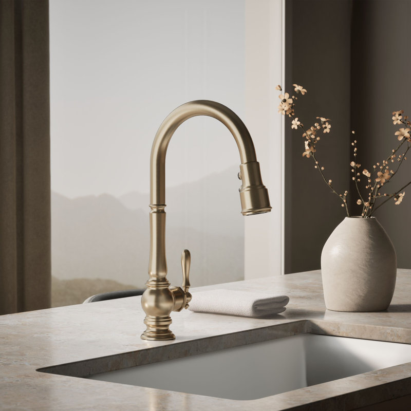 Artifacts® Pull Down Single Handle Kitchen Faucet, Vibrant Brushed Bronze