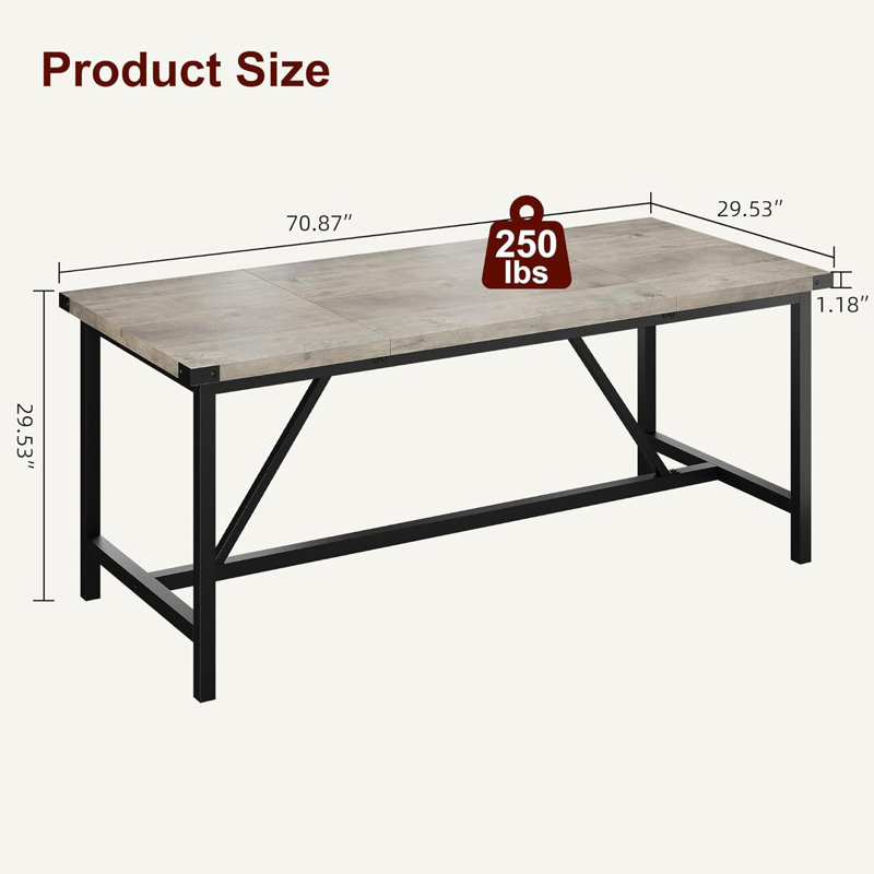 Table de salle à manger rectangulaire pour 6 à 8 personnes, table de cuisine industrielle en bois robuste de 70,87 po pour la salle à manger, grands espaces, table de salle à manger, assemblage facile, structure durable,