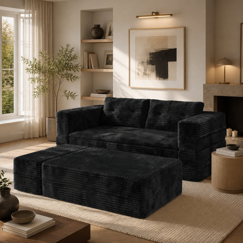 Canapé-lit King Size de 80 pouces, canapé profond en velours côtelé moelleux avec méridienne indépendante et couverture fonctionnelle, méridienne surdimensionnée convertible, noir
