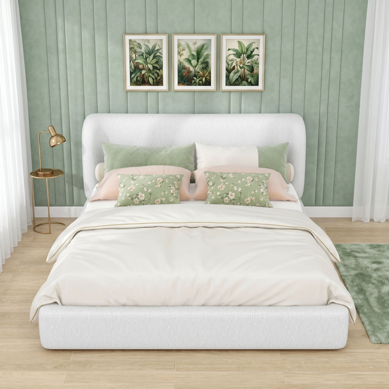 Lit plateforme tapissier avec tête de lit, Blanc, Grand lit