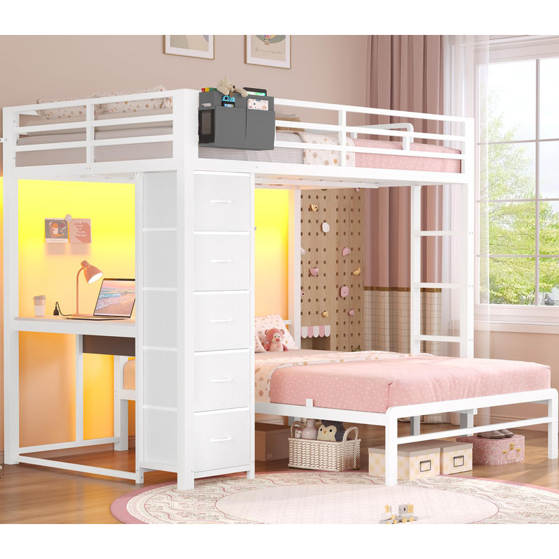 Lit superposé avec bureau, lit superposé double au-dessus de double avec 5 tiroirs de rangement et station de charge, blanc