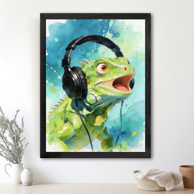 Black Framed Vintage lizard with headphones Wall Art Watercolor Creativity Style Framed Prints