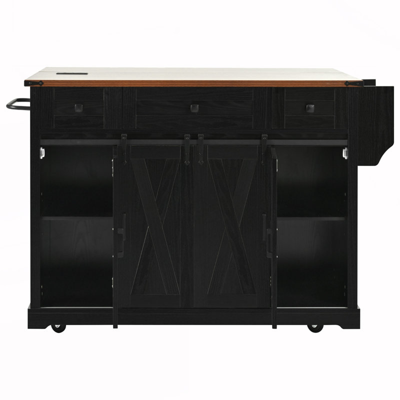 Îlot de cuisine de 58 po avec portes de grange coulissantes, abattant, station de charge et roulettes, table d'îlot rustique avec beaucoup de rangement et portes en métal