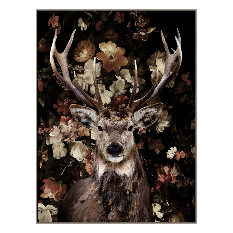 Art mural sur toile, cerf sur fleurs - 36 po x 48 po, cadre beige