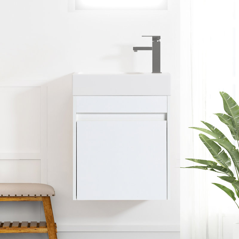 Armoire de salle de bain murale 18 po avec lavabo en résine blanche et choix de rangement adéquat, porte à fermeture en douceur - rangement de meuble-lavabo