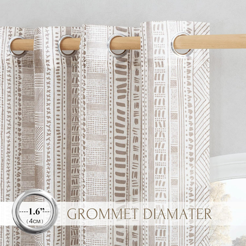  Boho Curtains for Living Room Flax Linen Sheer, Farmhouse Semi Sheer Curtains with Bohemian Stripe Pattern, Privacy Light Filtering Drapes for Bedroom/Dining Room, 1 Pair