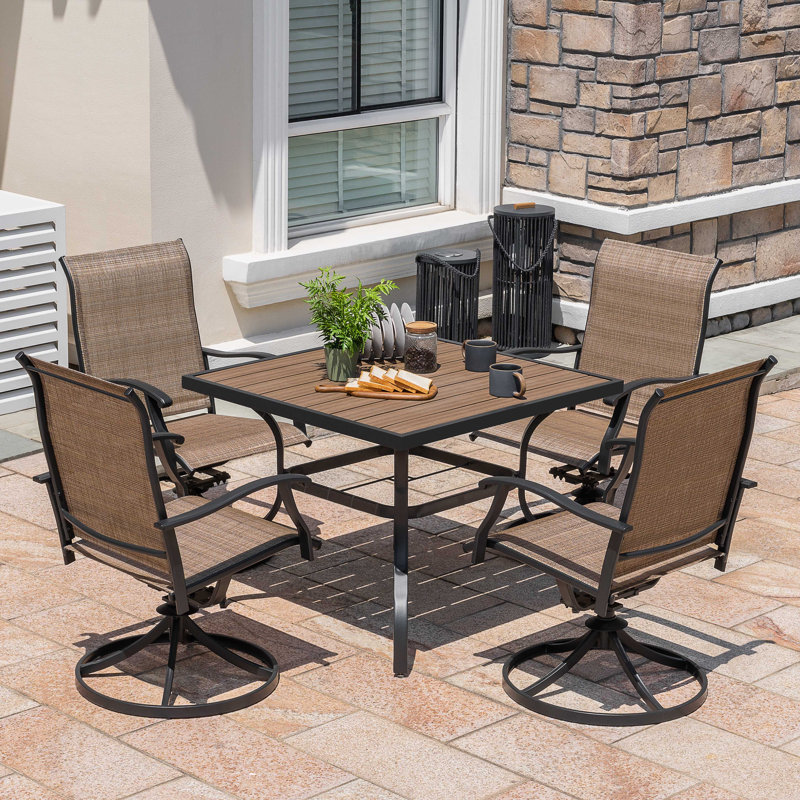  5-piece Patio Outdoor PVC-coated polyester And Metal Dining Set With Umbrella Hole and Faux Wood Tabletop