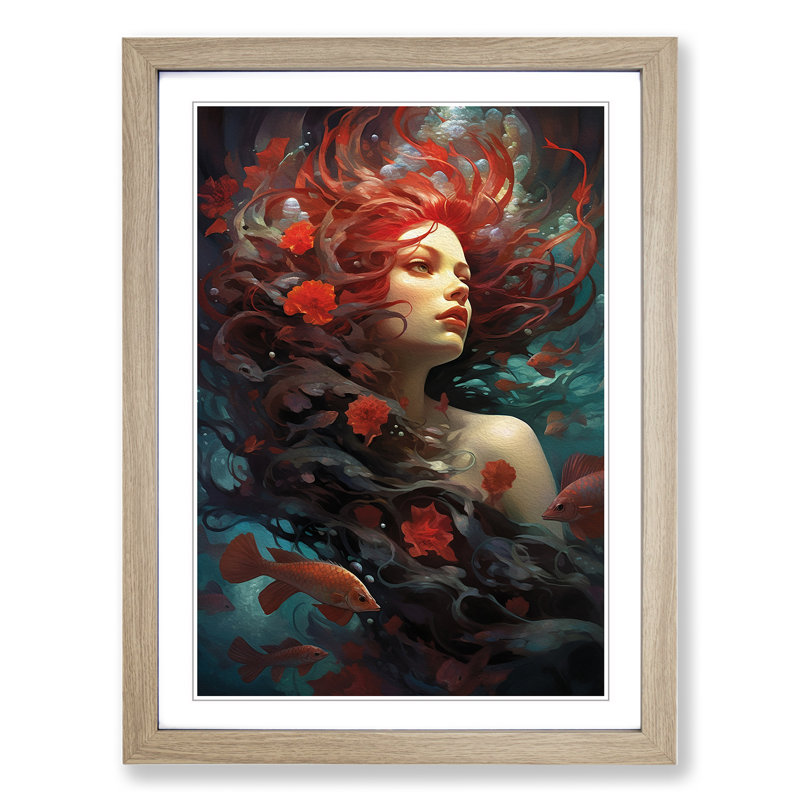 Mermaid Symbolism - Single Picture Frame Print on Wood, 34cm H x 25cm W x 2cm D, Oak Framed