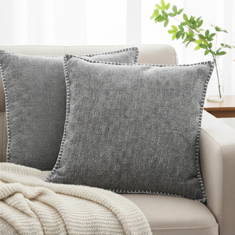 Housses de coussin en chenille douce avec bord cousu, Gris, 24 po x 24 po, Avec inserts en polyfill