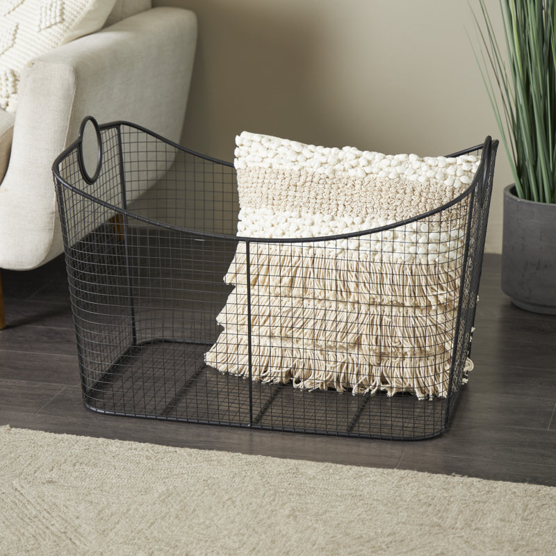 Joss & Main Black Metal Deep Decorative and Functional Storage Basket with Curved Sides and Ring Handles, 20" x 18" x 20
